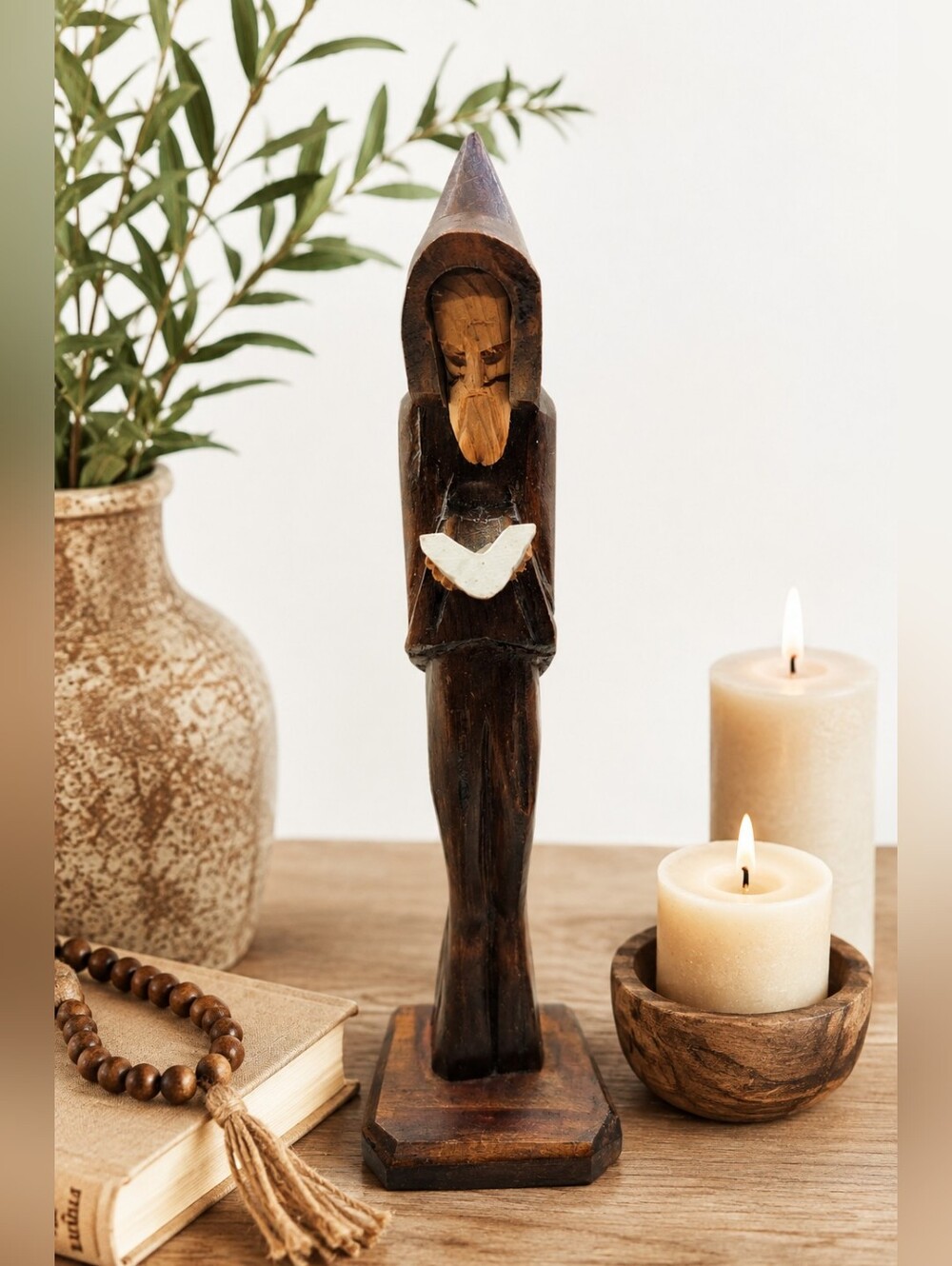 Hand-Carved Wooden Hooded Monk/Priest Holding Book